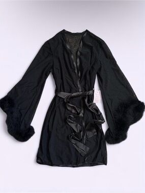 Empress Mimi Black Mesh Robe Bell Sleeve Feather Trim Lingerie Femme Fatale